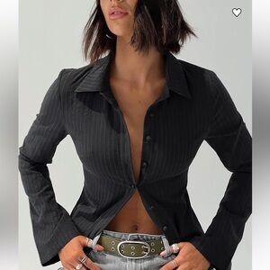 Princess Polly Anni Pinstripe Button Up Shirt Flare Sleeve Black Size 10